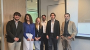 Photo of a group of students: Negotiation and International Law panel chaired by Dr. Marinko Bobic with students Giacomo Grasso, Elise Webster, Karlijn Tas, Jasmin Ethier, and Nick Donaldson