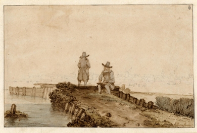 Anthonie van Borssom, Two artists on a jetty, with the outline of Arnhem on the opposite shore, pen and brown ink, watercolour, 152 x 232 mm, London, British Museum, The Trustees of the British Museum
