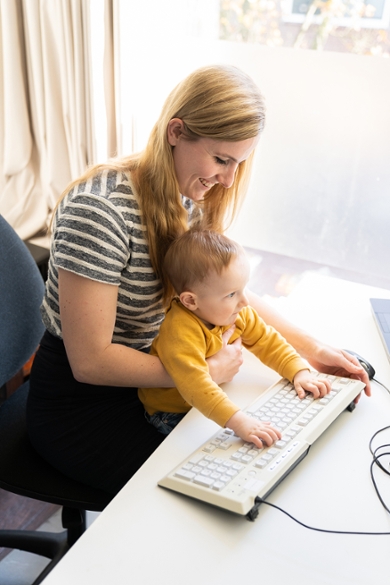 Hilde Pracht-Altorf with her son Luca. 'I introduced him to my colleagues in Teams.'