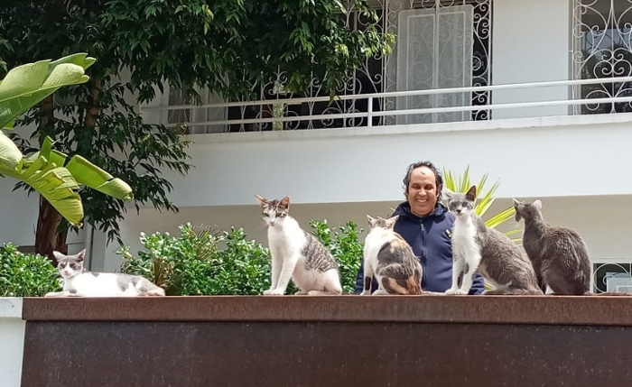 During the lockdown caretaker Rachid Chounounou looked after the building and the cats.