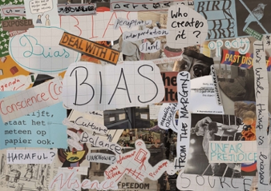pieces of paper with words written on like 'bias', 'who creates it?', 'conscience'